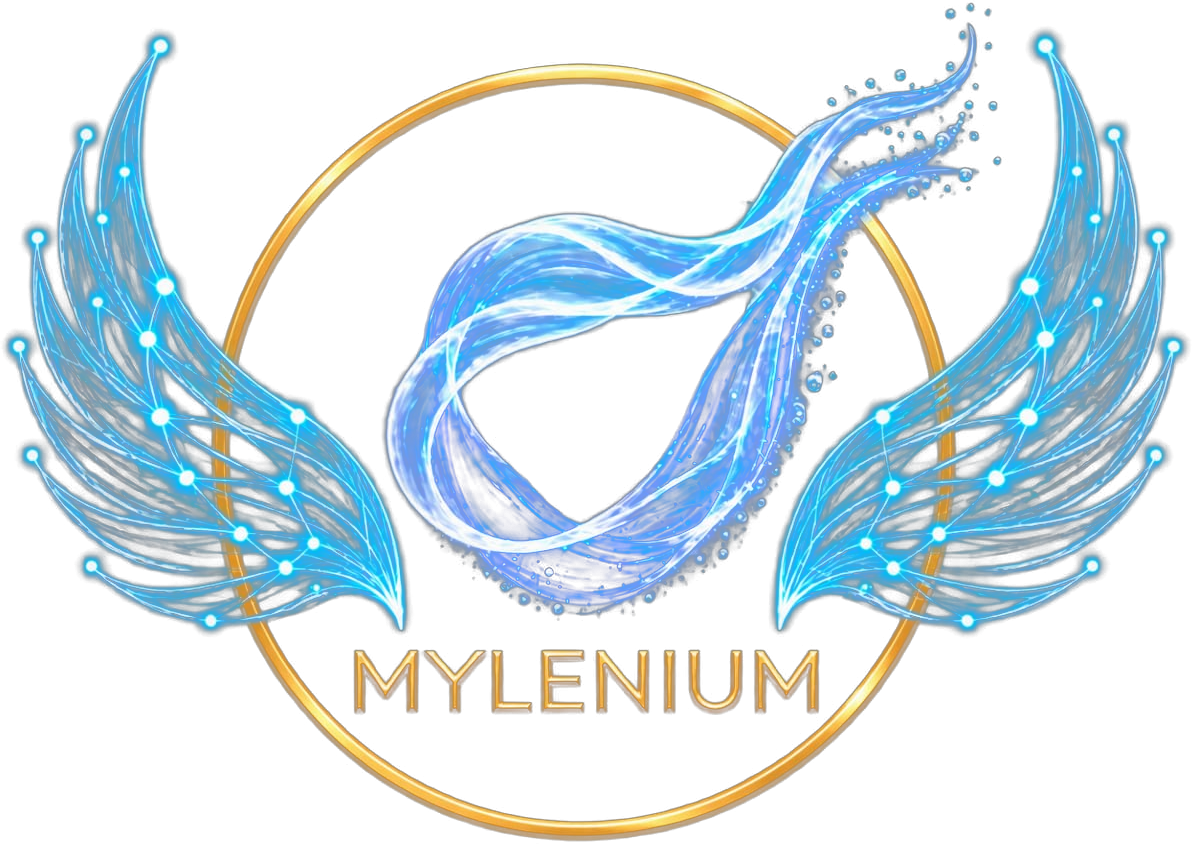 Mylenium — a flowing blue longitudinal signal framed by connected wings